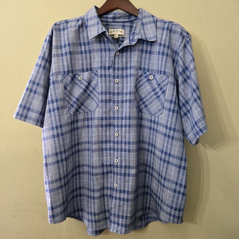 Orvis Mens Classic Collection XXL Blue Pld Short Sleeve Button Up Shirt Pockets